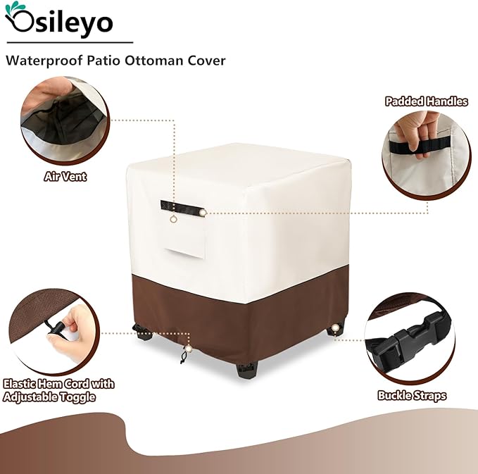 Waterproof Patio Ottoman Cover,Square Patio Small Side Table Cover,Heavy Duty Outdoor Furniture Cover Size 22L x 22W x 18H inch(Beige&Brown)