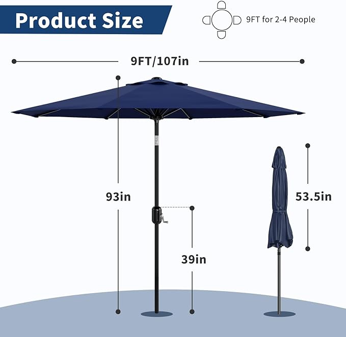 Garvee 9 ft Patio Umbrella - 8 Sturdy Ribs Outdoor Table Umbrella with Crank Lift & Push Button Tilt - Market Umbrella for Pool, Deck, Yard, Garden - Navy Blue