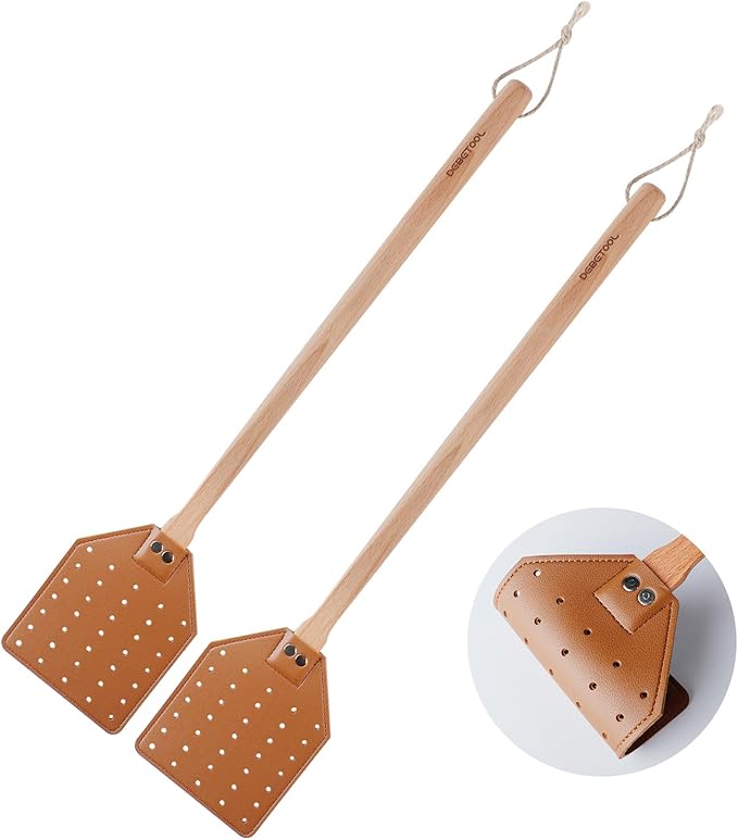 DEBETOOL Fly Swatter Set - 2 Pack Wooden Leather Fly Swatter with Hanging Rope, Heavy Duty Fly Swatter for Indoors and Outdoors (2 Brown)