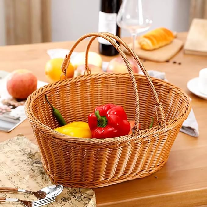 Picnic Basket, Garden Harvest Basket, Wicker Shopping Baskets with Foldable Handles, Reusable Handwoven Market Baskets for Carrying Shopping Storage Gathering (Brown, Oval)