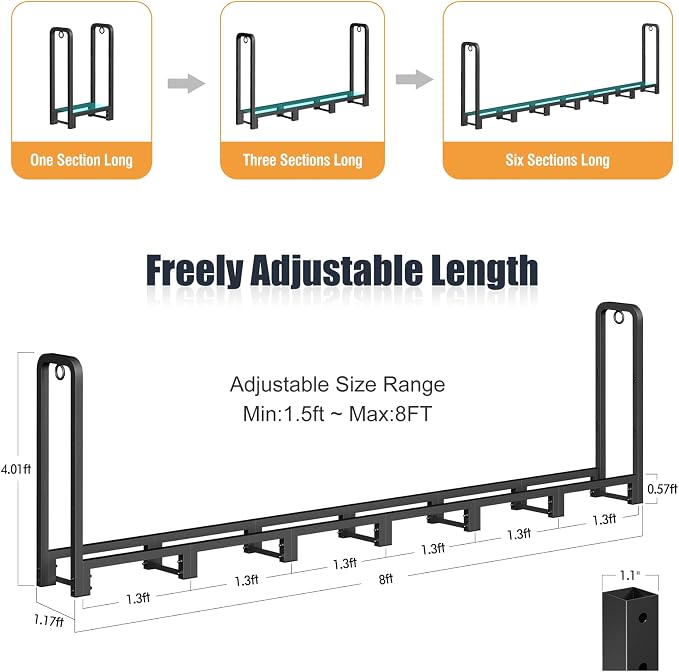 SunyesYoon Firewood Rack Outdoor 8ft with Waterproof Cover - Heavy Duty Log Rack Indoor Holder, Upgraded Adjustable Fire Wood Racks, Storage Organizer Stand Tool for Fireplace, Black