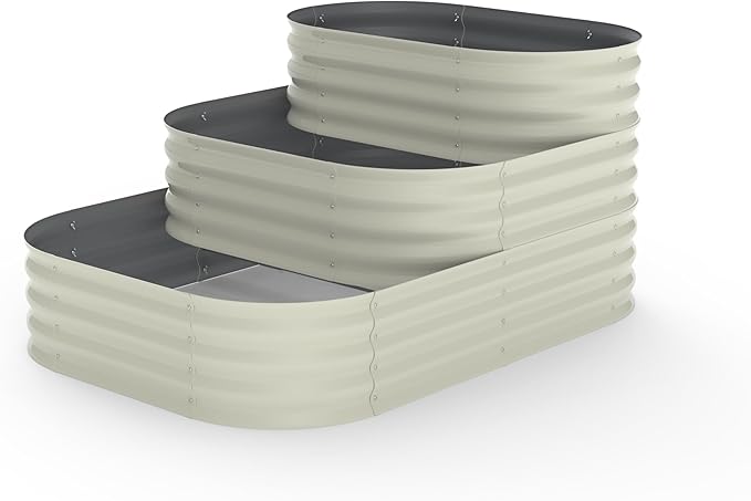 IDEALHOUSE Triple-Layer Galvanized Raised Garden Bed, 61x42x31 Inch Outdoor Modular Planter Box for Vegetables, Herbs & Flowers, 3-in-1 Open-Base Design for Deep Root Growth, White