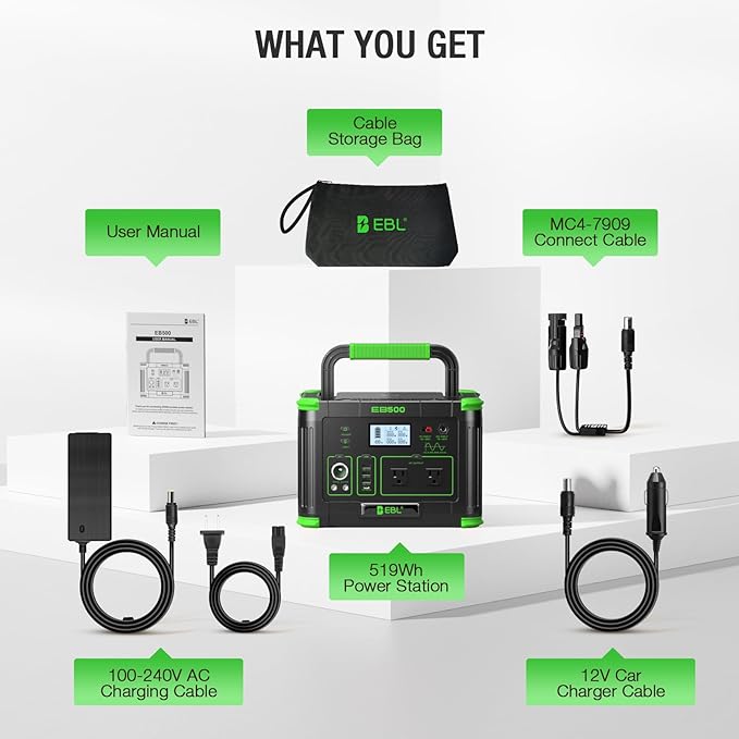 EBL 519Wh Solar Generator Kit 500W(Peak 1000W) Portable Power Station with 100W 20V Solar Panel, Backup Battery Power Supply for RV/Van Camping Fishing Climbing Road Trip Home Use