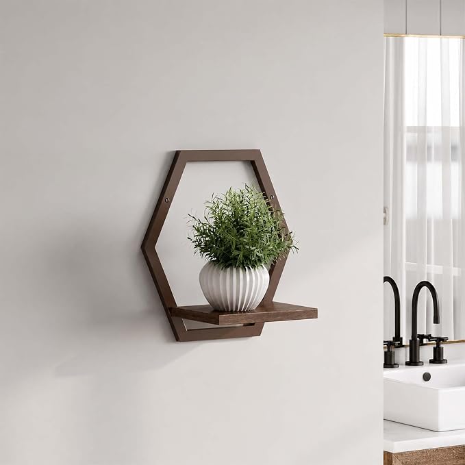 2 Pack Walnut Color Solid Wood & Metal Framework Wall Plant Stands,9 inch Natural Wood Shelf of Indoor,Mid Century Modern Hanging Planter for Outdoor Entryway 25 LB Load for Plants Coffee