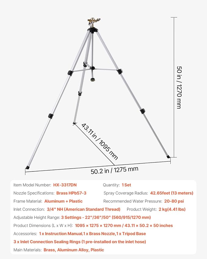VEVOR Impact Sprinkler on Tripod Base, Heavy Duty Tripod Sprinklers with Brass Head & 3/4" Connector, 360 Degree Large Area Coverage Irrigation Sprinkler, Adjustable Heights, for Yard Gray