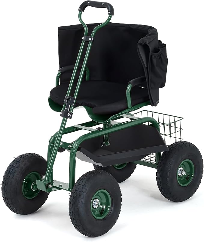 Rolling Garden Work Seat with Wheels, 360° Swivel Seat Gardening Cart with Extendable Steering Handle, Tool Tray and Storage Basket, 300 lbs Capacity, Gardening Stools for Patio, Yard, and Outdoors