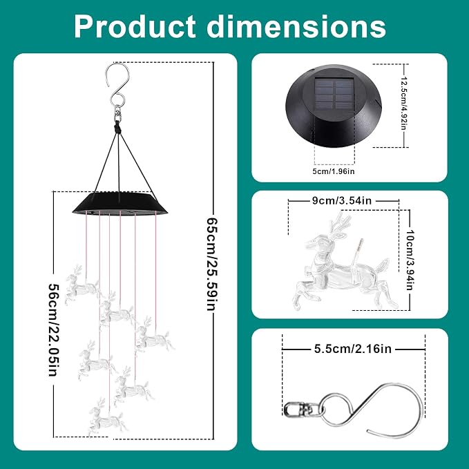 7-Color Light Changing Deer Solar Lights for Outside, Solar Lights Gifts for Father's Day, Solar Deer Wind Chimes Gifts for Women, Mom, Grandma, Garden Yard Lawn Outdoor Decor Mobiles