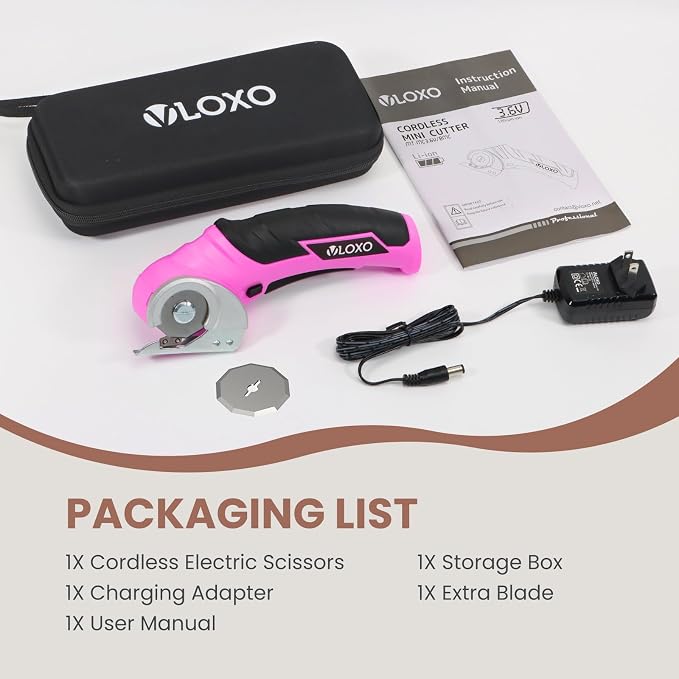 VLOXO Cordless Electric Scissors, Rechargeable Rotary Cutter for Cardboard Leather Fabric Plastic Canvas with Safety Lock, Multi-Purpose Cutting Tool with Replacement Blades and Charger (Pink)