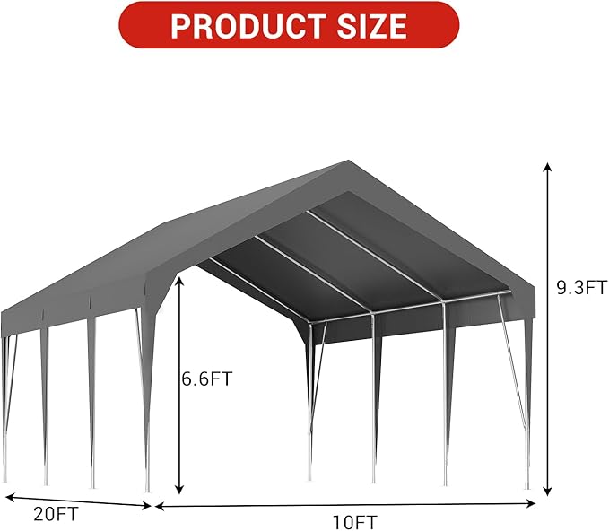 Garvee 10 x 20FT Heavy Duty Carport, Portable Garage Shelter, Potable Car Canopy Waterproof & UV Protected Garage Party Tent Outdoor Vehicle Storage Shelter for Car Truck Boats, Gray