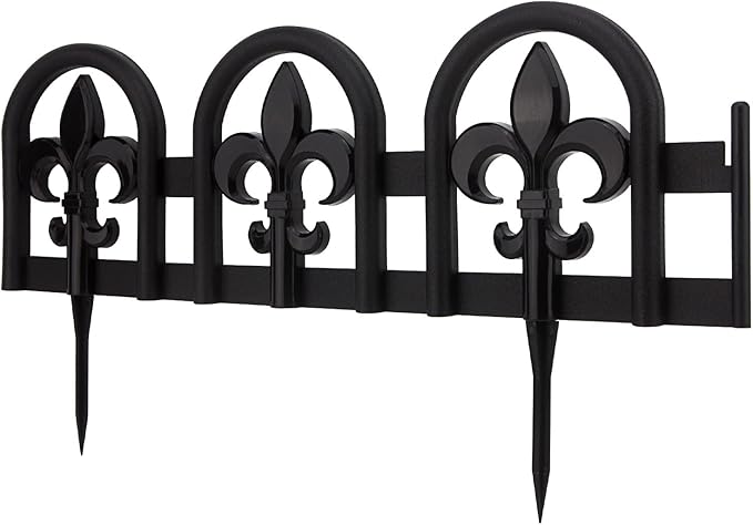 Evelyne Black Garden Border Plastic Edging – PP Plastic, Metal-Free Wrought Iron Look Design, 15pcs Black Yard Landscaping Fence Liner Lawn Edge Barrier, 20ft Kit of Decorative Lawn Landscape Panels