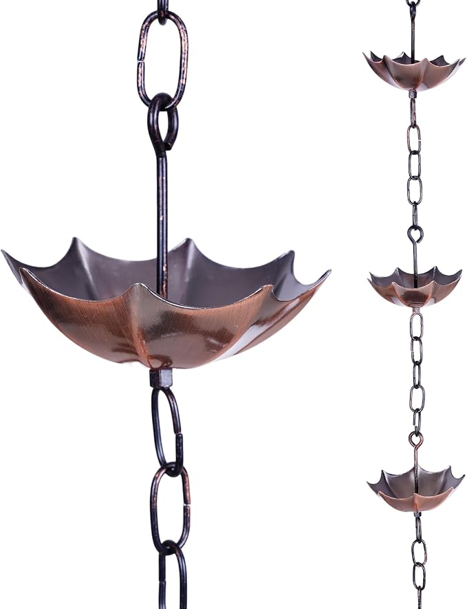 Topadorn Antique Umbrella & Lotus Rain Chain, 71.5" Metal Water Diverter with 8 Cups, Decorative Gutter Downspout Replacement