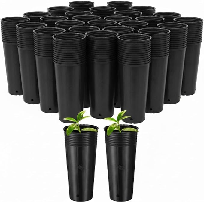 100 Pack Tall Tree Pot 9.8'' x 4.7'', Black Plastic Deep Nursery Pots, Soft Deep Seedling Pots for Seed Starting, Plant Starter Cups with Drainage Holes for Flowers, Cuttings Transplanting