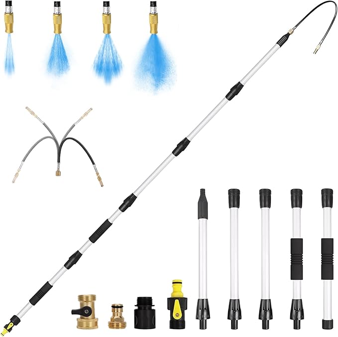 16FT Reach Gutter Cleaner, Gutter Cleaning Tools from the Ground with 3/4" Brass Shut-Off Valve & Bendable 360° Rotating Water Wand, Safe Cleaning for 2-Story Homes