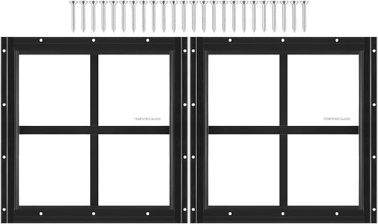2 Pack Shed Window 12" W x 12" H, Black Flush Mount Window with Tempered Glass for Playhouses, Sheds, Garage and Chicken Coops