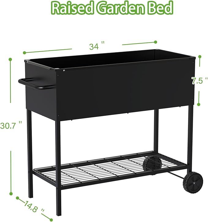 JWPEHOE 34 × 15 × 31 Inches Raised Garden Bed with Legs/Storage Shelf, Mobile Planter Box for Outdoor Plants, Elevated Garden Bed for Backyard, Balcony, Black