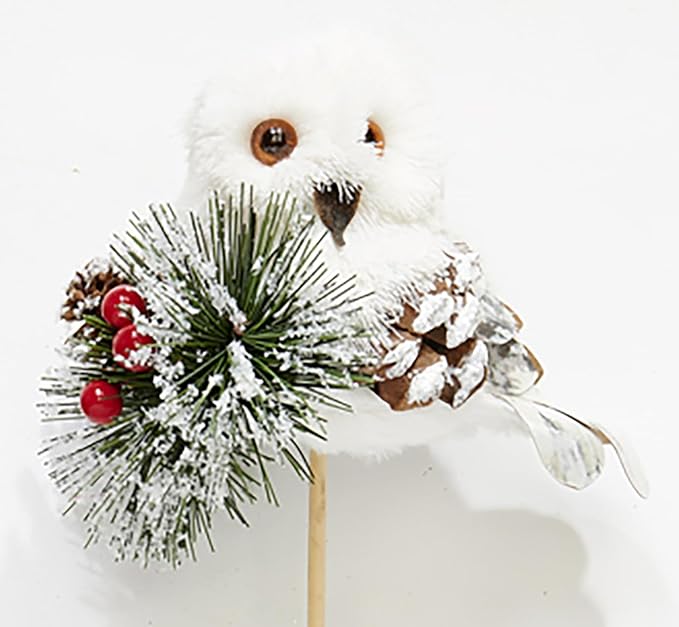Worth Imports 3" Christmas Snow Owl with Artificial Pine and Berries on a 12" Wood Stick Floral Pick, Set of 3