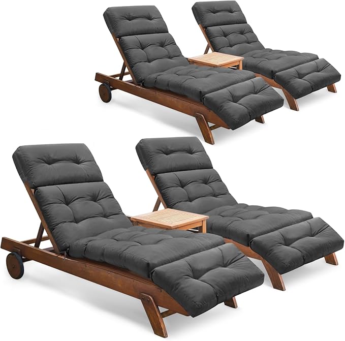 Outdoor Chaise Lounge Chair Cushion Set of 4, Thickened 74.4 x 22 x 4.7 Inches Memory Foam Waterproof Lounge Chair Cushions Replacement for Outdoor Furniture with Ties, Grey