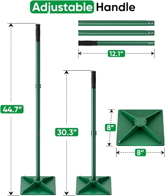 Heavy Duty Steel Hand Tamper, 8"x8" Soil Plate Compactor with 44" Adjustable Handle & Rubber Grip, Anti-Loose Ladscaping Tools for Ground, Gravel, Dirt, Sand, Asphalt, Pavers, Blacktop, Green