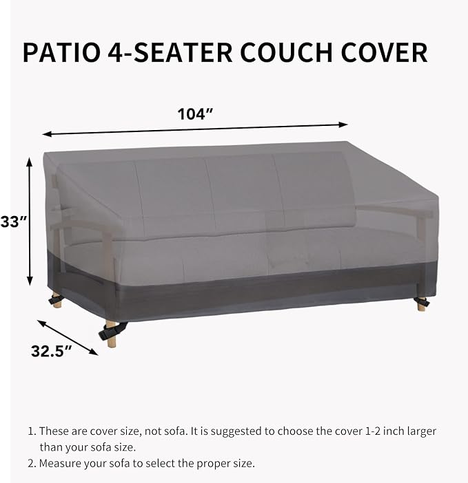 Easy-Going Waterproof Outdoor Couch Cover, Heavy Duty 4-Seater Patio Sofa Cover, Windproof Outdoor Furniture Cover with Air Vent （104Wx32.5Dx33H inch,Gray/Dark Gray)