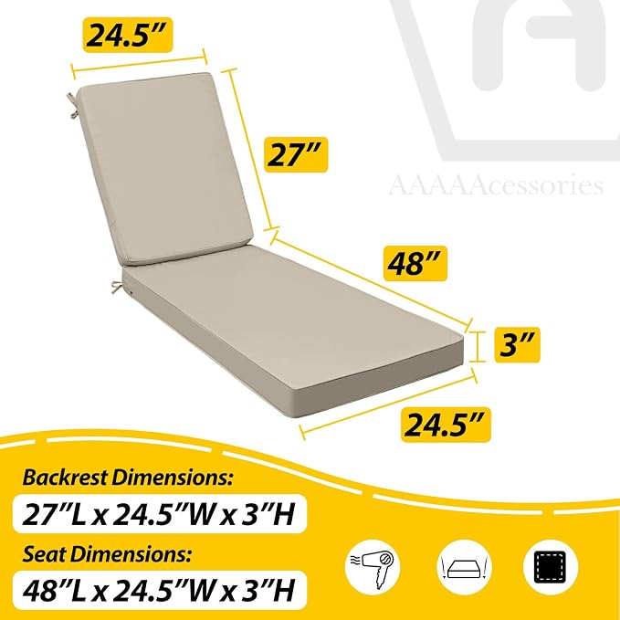 AAAAAcessories Outdoor Chaise Lounge Cushions, Fade-Resistant, Waterproof Patio Furniture Replacement Cushions, 75" x 24.5" x 3", Khaki Beige