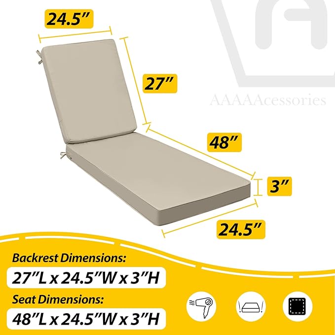 AAAAAcessories Outdoor Chaise Lounge Cushions, Fade-Resistant, Waterproof Patio Furniture Replacement Cushions, 75" x 24.5" x 3", Set of 2, Khaki Beige