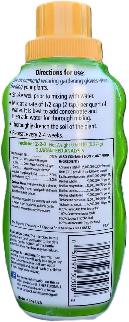 Espoma Organic 8 Ounce Concentrated Indoor Plant Food - Indoor Plant Fertilizer for Large & Small Plants Like Pothos, Fiddle Leaf Fig, Monstera, Snake & Palms - Pack of 4