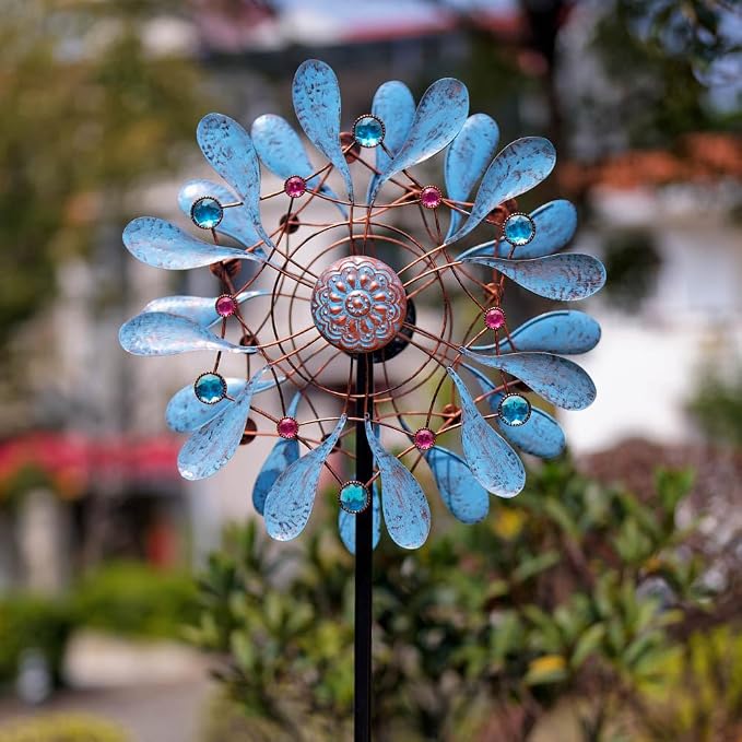 Stargarden Wind Spinners Outdoor, Large Kinetic Wind Spinner, Waterproof Blue Pinwheels with 4 Sturdy Stake, Metal Windmill for Yard, Porch Decor (21 * 90 Inches)