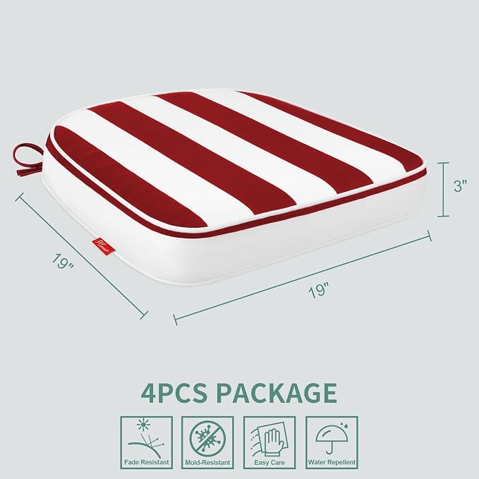 Outdoor Chair Cushions Set of 4, 19x19 Inch U-Shape Patio Seat Cushions with Ties, Water & Fade Resistant High Density Foam Cushions for Garden Patio Chairs, Red White