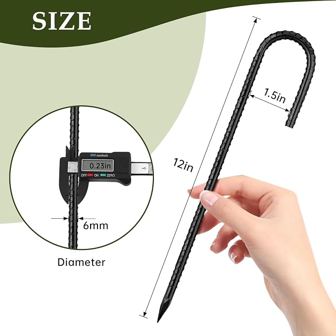 12 Inch Rebar Stakes, J Hook Ground Stakes 50 Pack Black Ground Anchors for Tent Heavy Duty for Plants Anti-Rust Landscape Fabric Artificial Turf