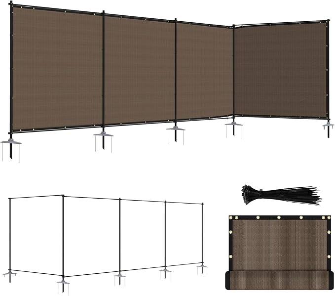 ECOOPTS 6'Hx3'L Privacy Fence Set with Poles and Rails Ground Spikes Fence Kit for Patio Garden Pool Yard (Brown)
