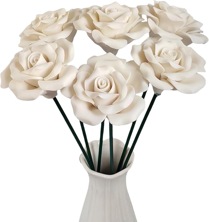 Handmade Porcelain 3D Ceramic Rose Flower, Eternal Flower Decoration for Home Office Decor, Creative Desktop vases, Porcelain Decorations, Exquisite, Set of 6 (White)