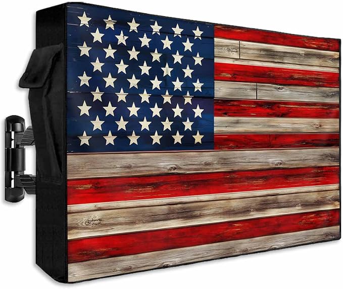 American Flag Outdoor TV Cover 52 to 55 Inch Weatherproof, Vintage Red Stripes Wooden 600D Oxford TV Covers with Zipper, USA Flag Outside Flat TV Screen Protector Size 52"W x 19"H x 4.5"D