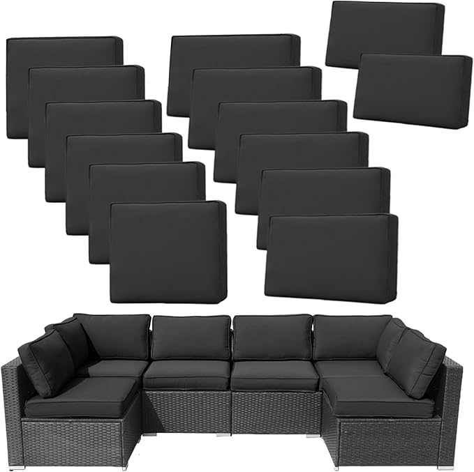 14Pieces Patio Cushion Covers Replacement Outdoor Couch Cushions Covers Splashproof Sofa Slipcovers Set with Zippers,Patio Furniture Protector Cover Only(Black,25×25×3.15 inches)