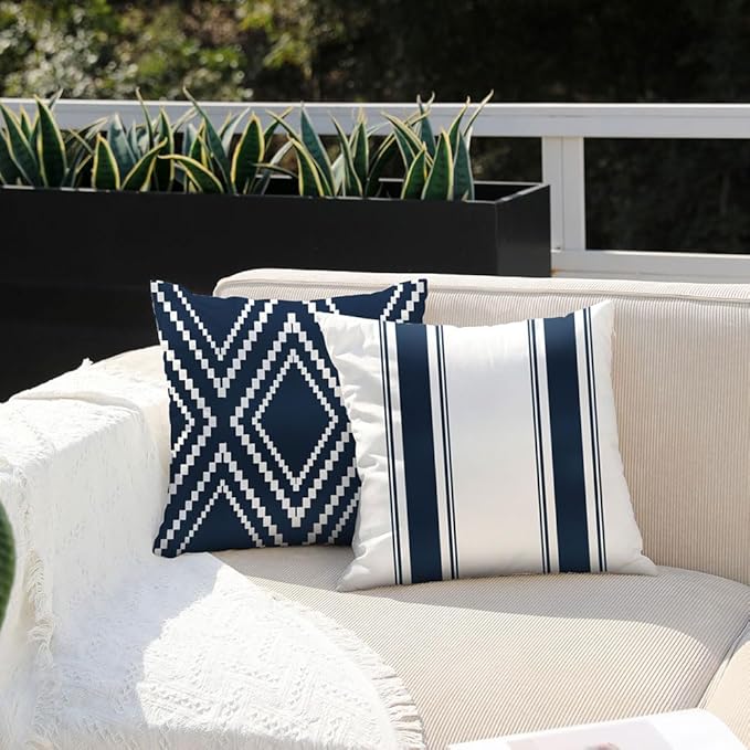 DFXSZ Outdoor Pillow Covers 20x20 Inch Set of 4 Navy Blue Waterproof Modern Geometry Throw Pillows Outdoor Summer Waterproof Decor for Patio Funiture Garden Polyester Cushion Covers 013N20