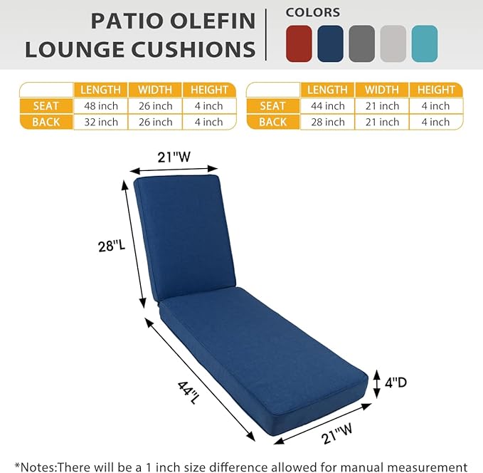 Sundale Outdoor Olefin Chaise Lounge Cushion Set of 2, Water-Resistant Patio Lounge Chair Cushion, Thick Lounger Pad with 4 Straps Dark Blue, 72 x 21 x 4 Inches