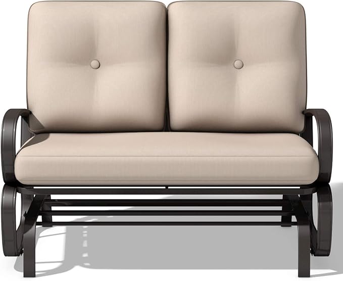 Giantex Outdoor Glider Bench, Patio 2 Person Loveseat with Removable Cushion, Thick Padded Seat, Stable Steel Frame, Outside Glider Swing Chair for Deck, Poolside, Yard, Balcony, Porch, Beige