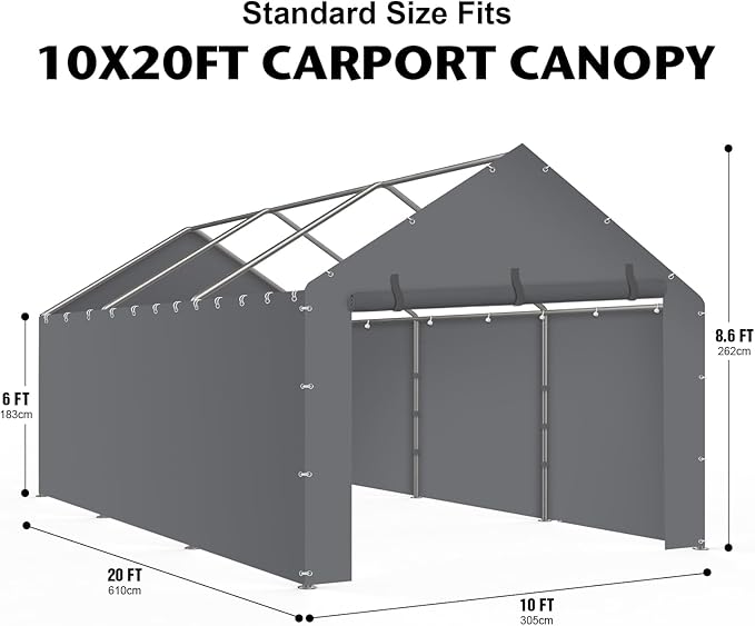 Carport Canopy Tent Sidewalls for 10x20x8.6FT Car Garage with Ball Bungees, Heavy Duty Portable Shelter Logic Replacement Covers (Frame is not Included) (Grey)
