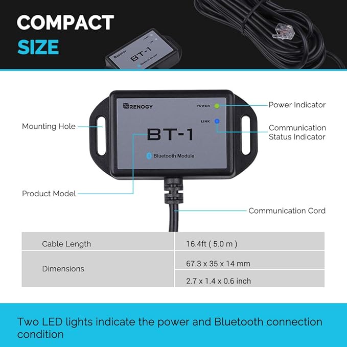 Renogy Bluetooth Module RJ12 Communication Port Compatible Rover/Wanderer/Adventurer Charge Controllers, BT-1 RS232,Black