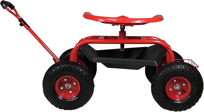Sunnydaze Garden Seat with Wheels - Rolling Gardening Seat - Garden Stool on Wheels with Adjustable Handle and Utility Tray - Red