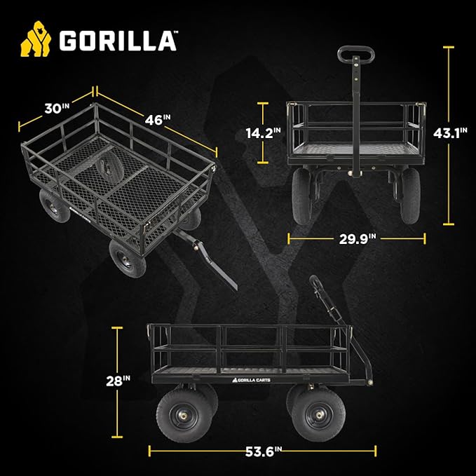 Gorilla Carts Steel Utility Cart, 9 Cu Ft Bed, 1200 lb Load Capacity, Black – Towable Heavy-Duty Outdoor Hauling Wagon with Removable Side Panels for Yard, Lawn, Garden or Landscaping