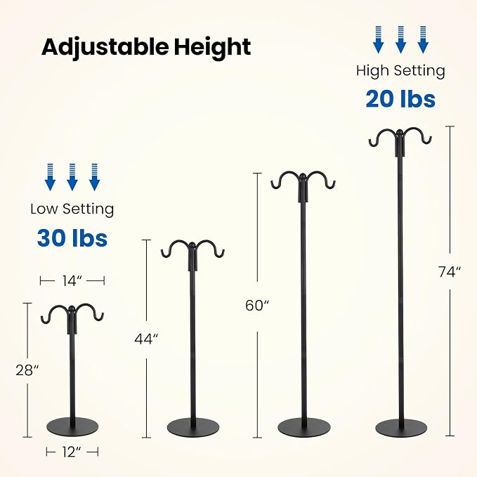74 Inch Double Shepherds Hooks for Outdoor Bird Feeder Pole, Plant Hangers Balcony, Heavy Duty Garden Hooks Stand for Hanging Basket, Wind Chime, Hummingbird Feeder, 4 Ground Stakes Included