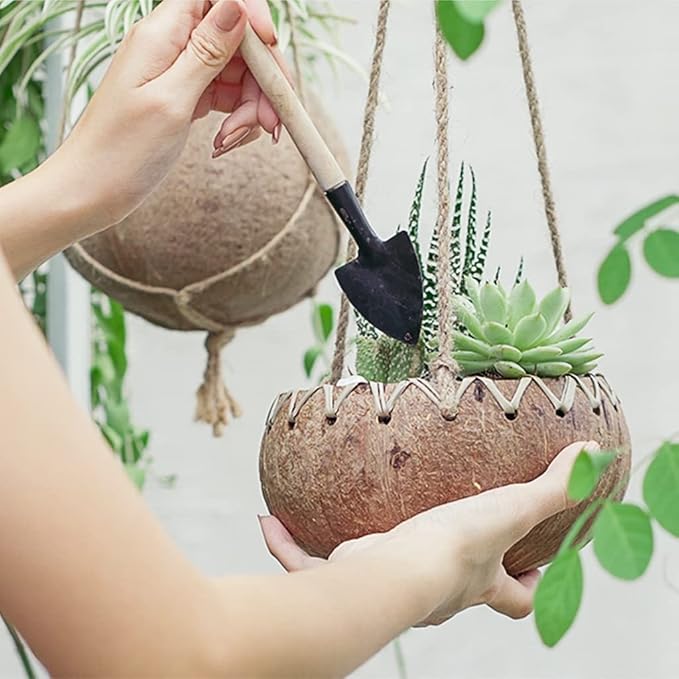 Rainforest Bowls Set of 4 Hanging Fiber Coconut Planters w/Drainage Hole- Perfect for Succulents, Flowers, Small Plants, Indoor & Outdoor Gardens- Handcarved by Artisans, Eco-Friendly & Sustainable