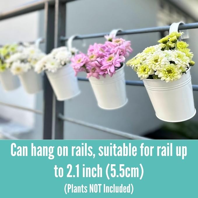 LaLaGreen Bundle- 10 Pack, 4 Inch White Metal Pot + 2 Pack, 14 Inch Rectangular Self Watering Pot with Bracket Hanging Outdoor Deck Railings Fence Window Flower Boxes Balcony Patio Modern Garden Decor