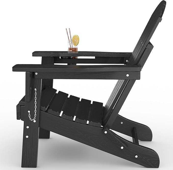 GarveeLife Folding Adirondack Chair Set of 2 with Ottoman, All-Weather HDPE Outdoor Chair, Wooden Textured with Cup Holder for patios, Decks, Gardens, fire pits, Black