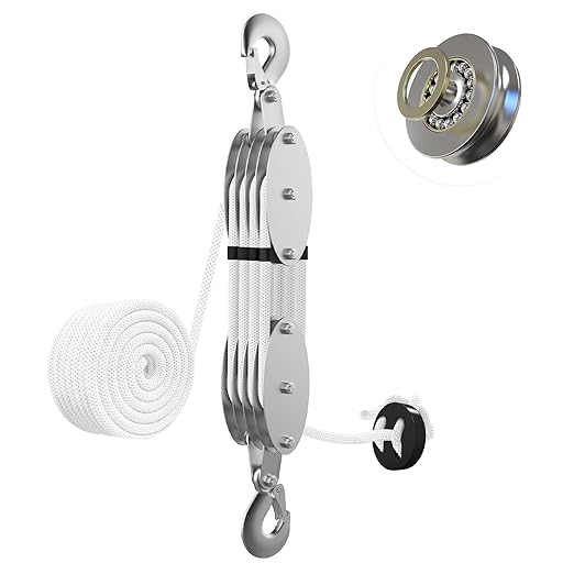 YATOINTO Upgraded Rope Pulley Hoist 4400LBS with Rope Guide, 8:1 Power Pulley Block and Tackle System, 65ft Pulley Block 2200LB Loading Capacity, Heavy Duty Rope Hoist for Hunting Garage Warehouse