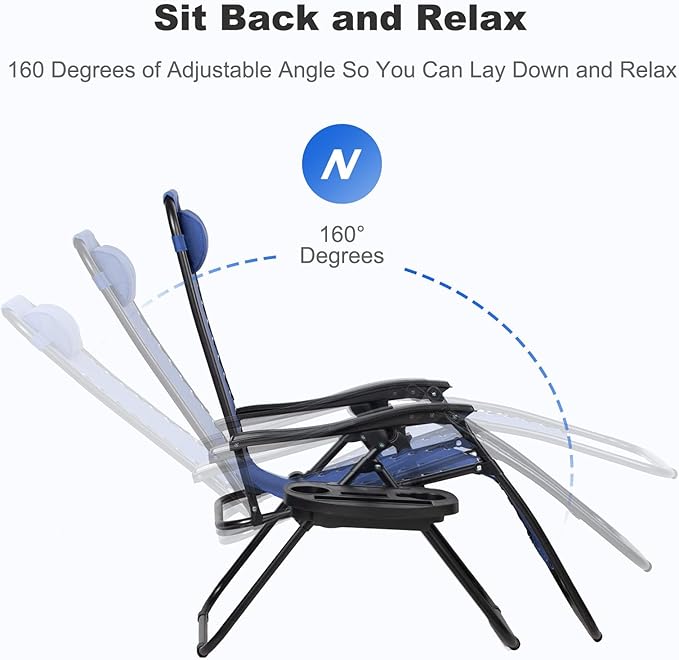 Nazhura Set of 2 Relaxing Recliners Patio Chairs Adjustable Steel Mesh Zero Gravity Lounge Chair Beach Chairs with Pillow and Cup Holder (Blue)