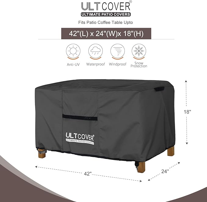 ULTCOVER Patio Coffee Table Cover, Waterproof Rectangular Outdoor Small Side Table Cover 42x24x18 inch, Black