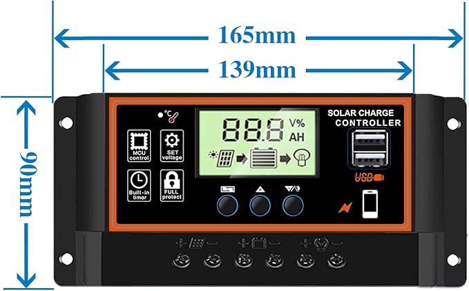 60A Solar Charge Controller, 12V/24V, LCD Display, Adjustable Parameter, Timer Setting, USB, Auto Charge Regulator (Black)