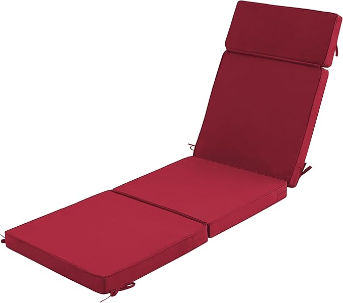 72 x 21 Inch Outdoor Chaise Lounge Cushion - Removable Cover, 4-Section Design, Water-Repellent & Fade-Resistant, 6 Tie Straps, Replacement for Patio & Pool Chairs - Burgundy
