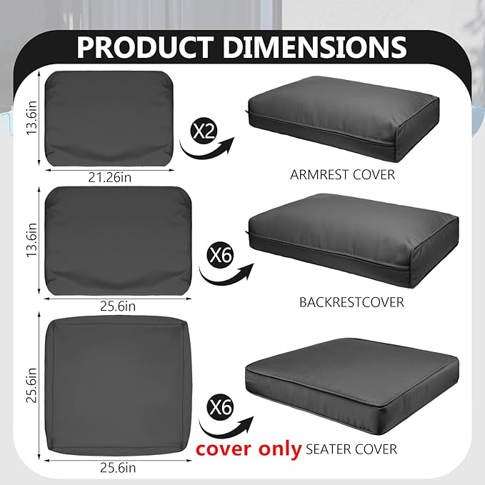 14 Piece Outdoor Patio Waterproof Cushion Covers, Fits 6-Seat Wicker Rattan Sectional Couch Chair Furniture Cover Replacement Set - Fade-Resistant Patio Cushion Covers with Zipper